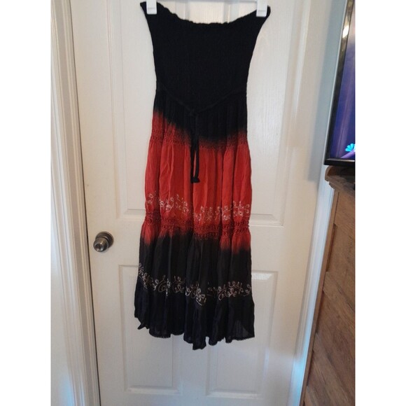 Vint. 70s Fashion Terminal  Small Strapless Boho Below Knee Black/ Red Dress.b57 - Picture 4 of 5